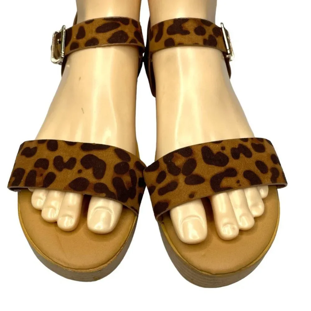 Bamboo Womens Brown Animal‎ Print Faux Leather Strappy Flatform Sandal Size 7.5